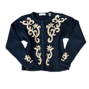 Amanda Smith Gold Thread Emblazoned Navy Cardigan size Medium